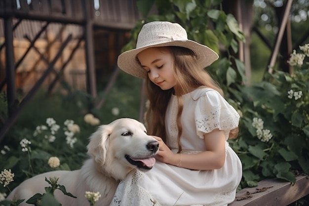 Une fille au chapeau avec un chien dans le jardin 1