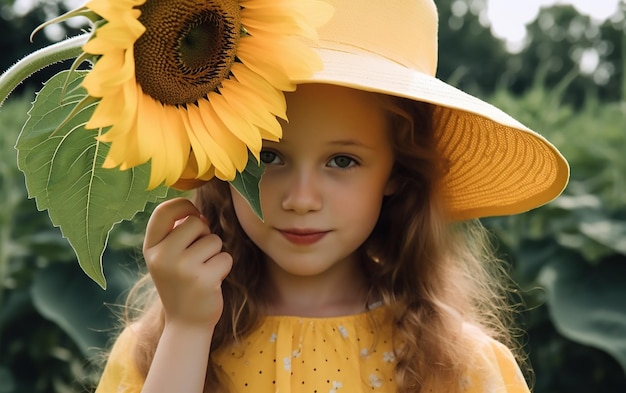 Une fille au chapeau jaune tient un tournesol