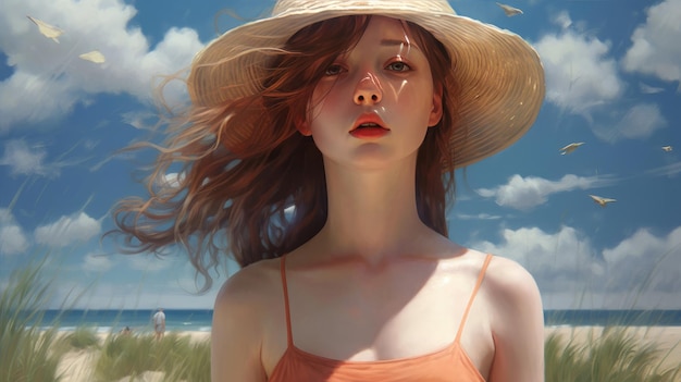 Une fille au chapeau sur une plage