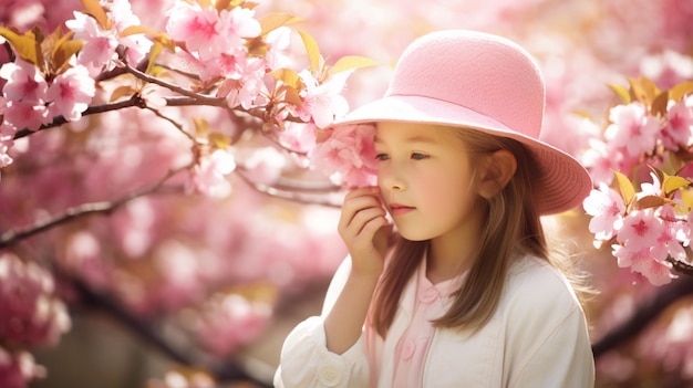 Une fille au chapeau rose se tient devant un cerisier en fleurs.