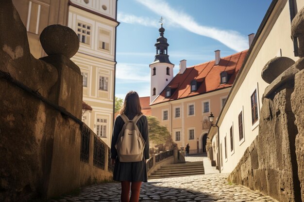 Photo fille au château historique de mikulov moravie république tchèque vieille ville européenne