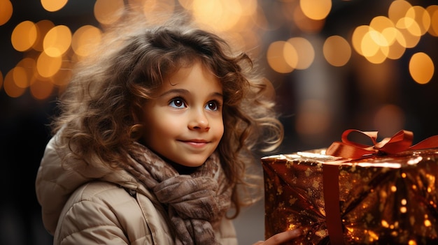 Fille au milieu de la rue enchantée de Noël