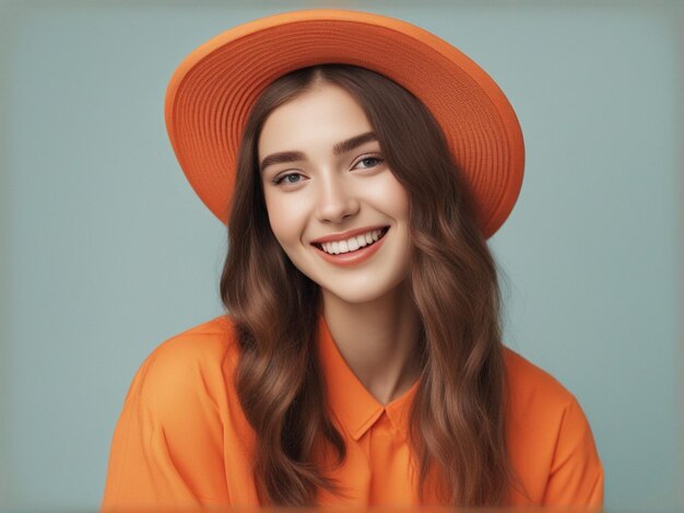 Une fille australienne portant des vêtements de couleur orange vif à la mode et un chapeau rond