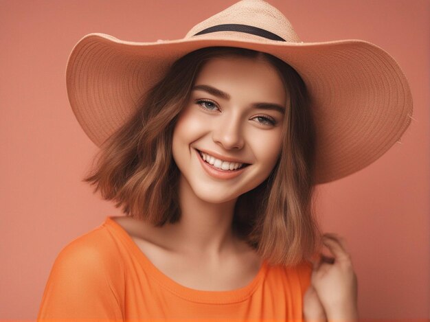 Une fille australienne portant des vêtements de couleur orange vif à la mode et un chapeau rond