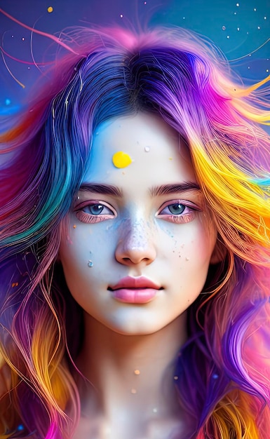 Une fille aux cheveux arc-en-ciel sur le visage