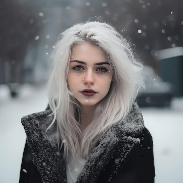 Fille aux cheveux blancs sous la neige générative ai