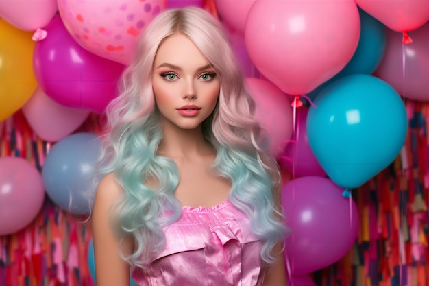Une fille aux cheveux bleus et aux cheveux roses se tient devant des ballons