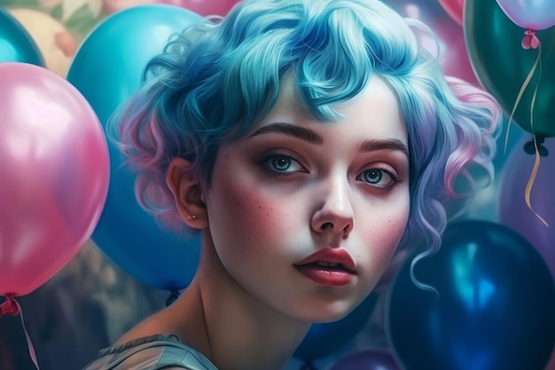 Une fille aux cheveux bleus et aux yeux bleus est entourée de ballons.