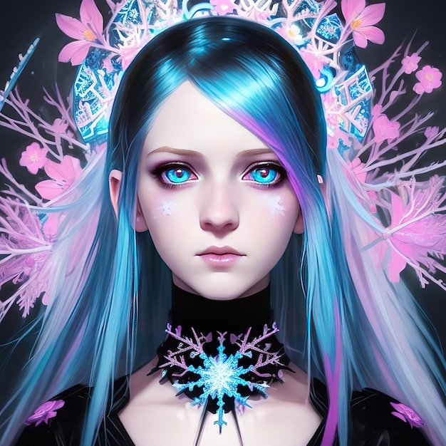 Une fille aux cheveux bleus et une couronne avec des flocons de neige dessus