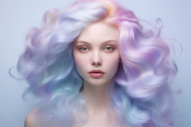 Fille aux cheveux bleus fond abstrait de transitions douces entre le bleu ciel lavande et la couleur menthe