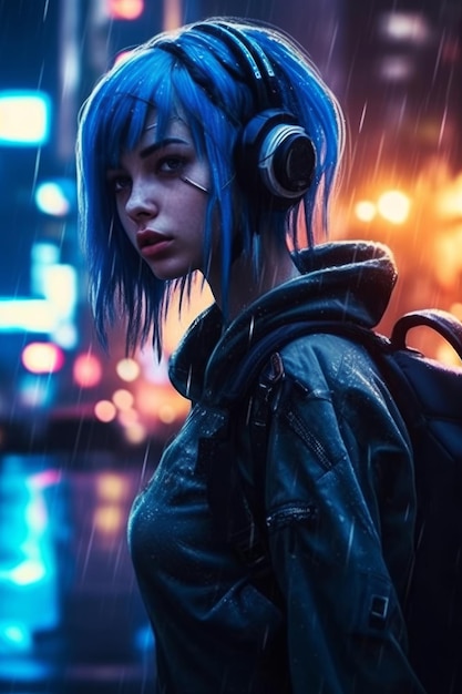 Fille aux cheveux bleus sous la pluie