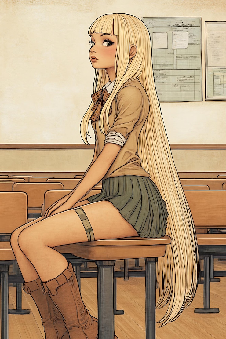 Photo une fille aux cheveux blonds assise sur un bureau dans une salle de classe