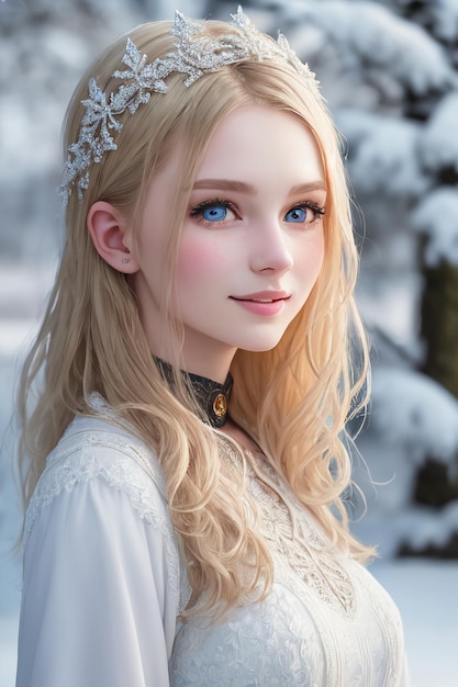 Une fille aux cheveux blonds et aux yeux bleus se tient dans la neige.