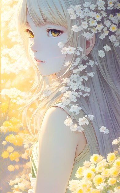 fille aux cheveux blonds aux yeux jaunes contre un bouquet de fleurs en arrière-plan