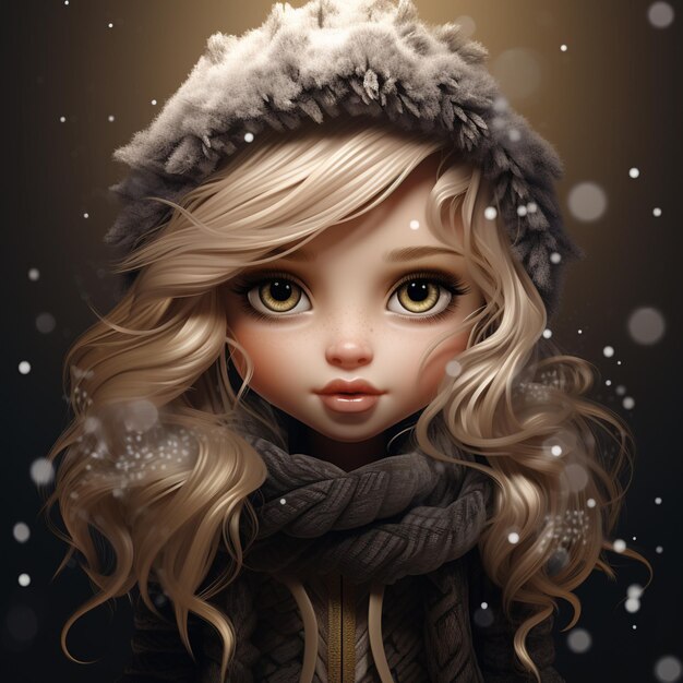une fille aux cheveux blonds avec un chapeau et une écharpe dans la neige