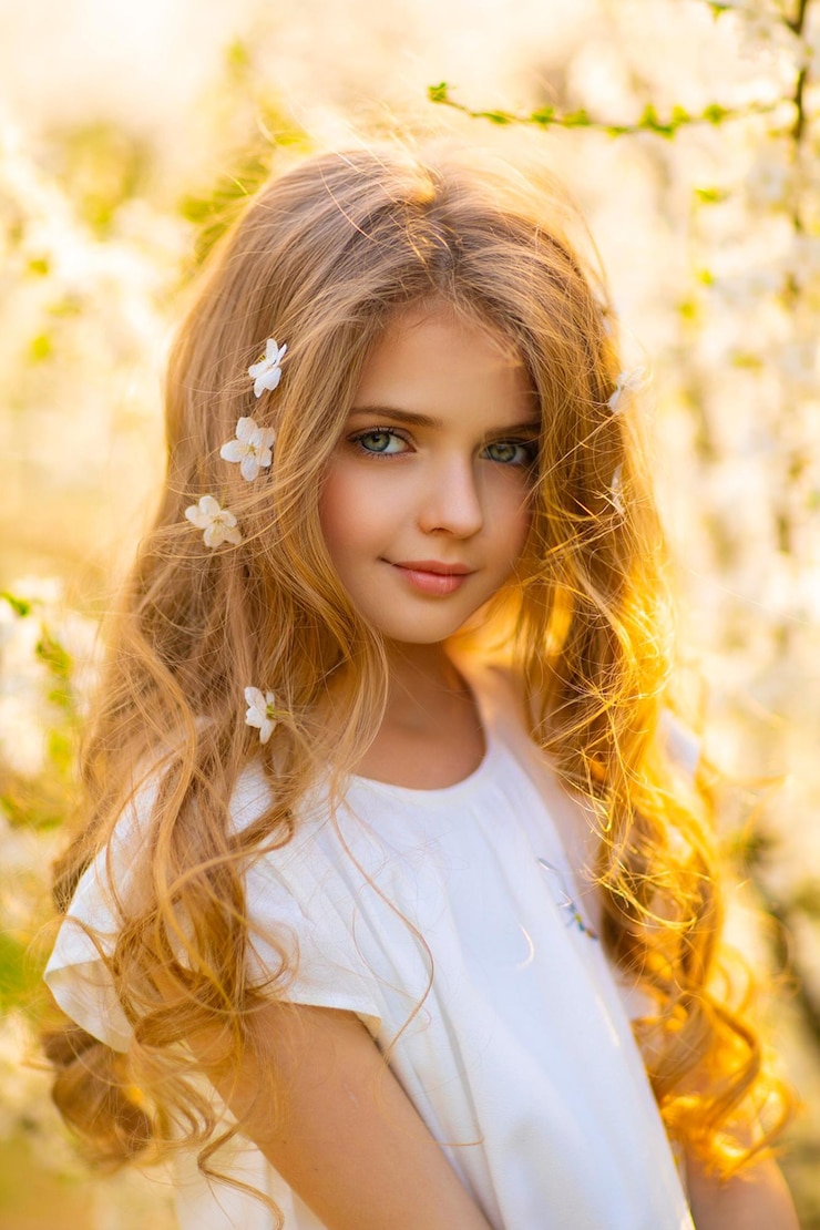 Photo une fille aux cheveux blonds et une chemise blanche avec des fleurs en arrière-plan.