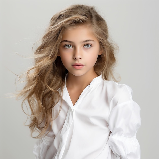 une fille aux cheveux blonds et une chemise blanche qui dit " elle porte une chemise "