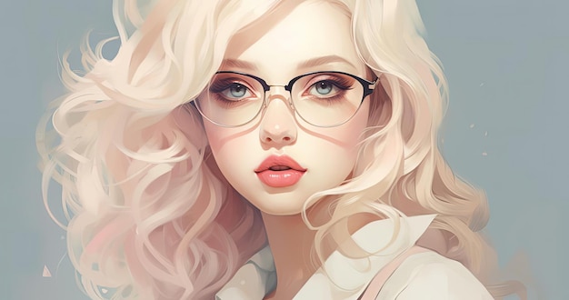une fille aux cheveux blonds portant des lunettes et du rouge à lèvres dans le style des tons doux et rêveurs