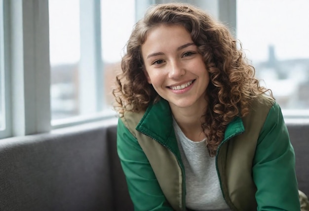 une fille aux cheveux bouclés est assise sur un canapé