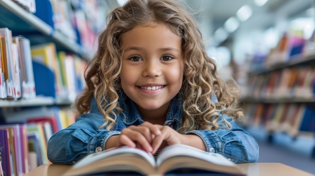 une fille aux cheveux bouclés est assise sur un livre