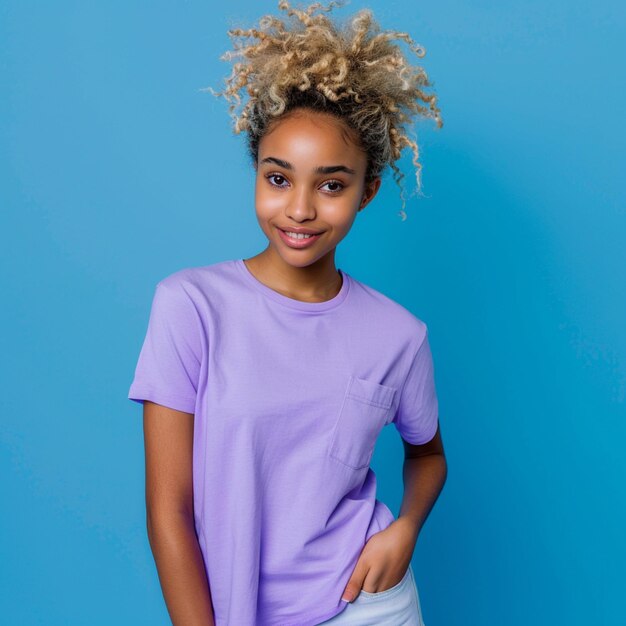 Photo une fille aux cheveux bouclés se tient devant un fond bleu