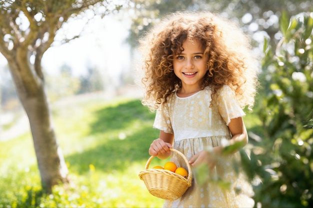 Fille aux cheveux bouclés souriante avec un panier de Pâques