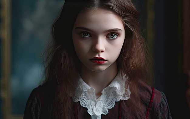 une fille aux cheveux longs et au rouge à lèvres rouge se tient devant un tableau représentant une fille aux lèvres rouges.