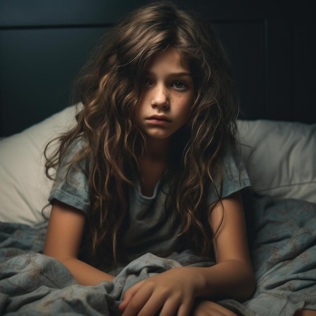 une fille aux cheveux longs est assise sur un lit avec un drap bleu.