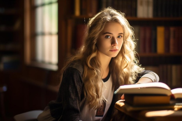 une fille aux cheveux longs est assise à une table et lit un livre.