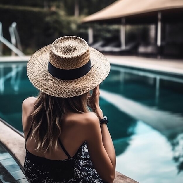 Une fille aux cheveux longs en grand chapeau est assise sur le côté d'une grande piscine avec de l'eau propre et regarde dans un smartphone