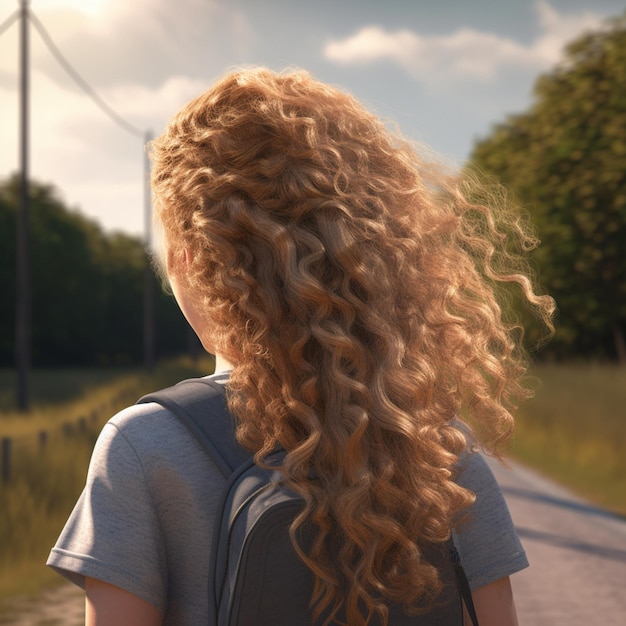 Une fille aux cheveux longs marche sur une route et le mot "stop" est visible.