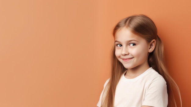 Une fille aux cheveux longs se tient devant un fond orange.