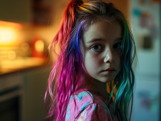 Une fille aux cheveux multicolores