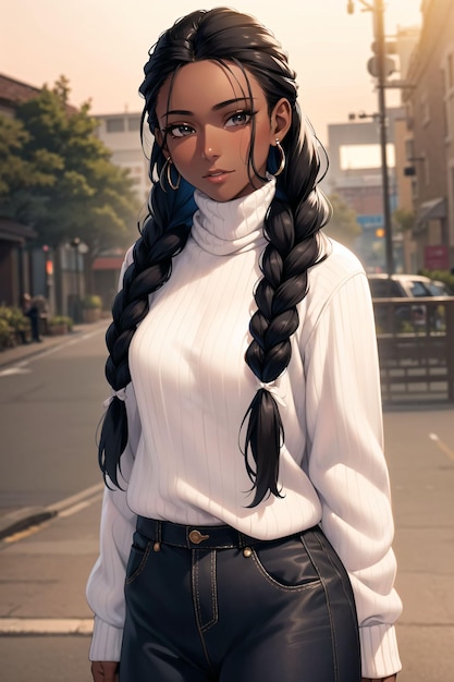 Une fille aux cheveux noirs et un pull blanc se tient dans une rue.