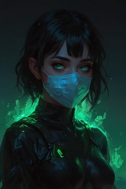 Une fille aux cheveux noirs, des yeux verts, un petit masque respiratoire, un environnement toxique, une tenue en cuir noir, un portrait épique, un jeu d'art 2D, un personnage de style League of Legends.