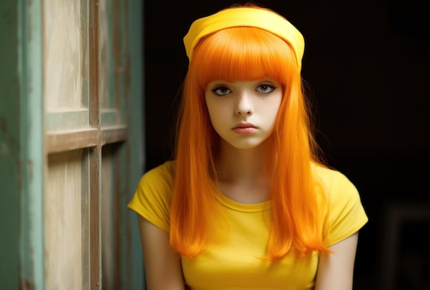 Une fille aux cheveux orange et au chapeau jaune