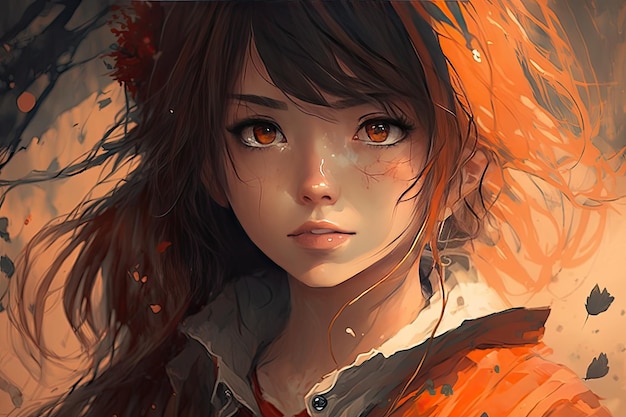 Une fille aux cheveux orange et à la veste orange