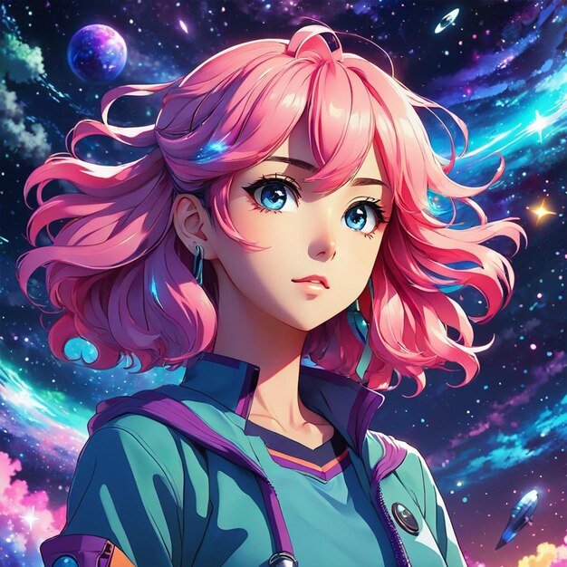 Une fille aux cheveux roses a une chemise bleue et un fond galactique