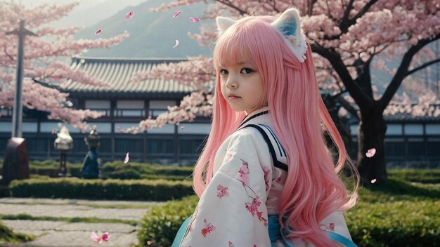 une fille aux cheveux roses et un cheveu roses avec un nœud rose sur la tête