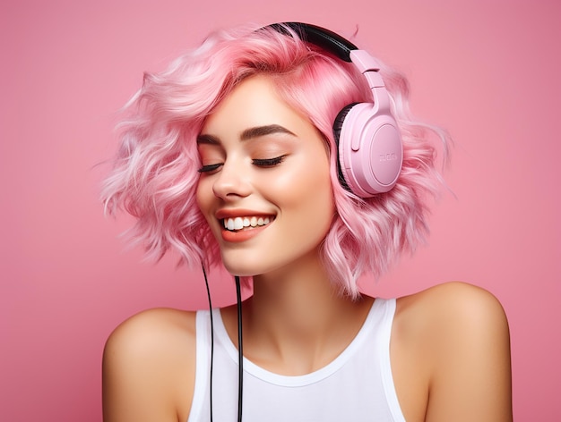 Photo une fille aux cheveux roses écoute de la musique dans des écouteurs sur un fond rose tendance rose