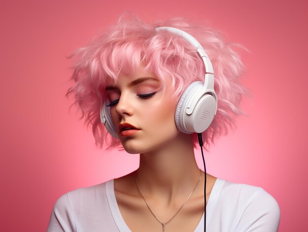 Photo une fille aux cheveux roses écoute de la musique dans des écouteurs sur un fond rose tendance rose