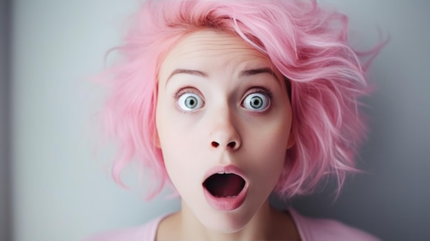 Une fille aux cheveux roses avec une émotion de surprise sur son visage.