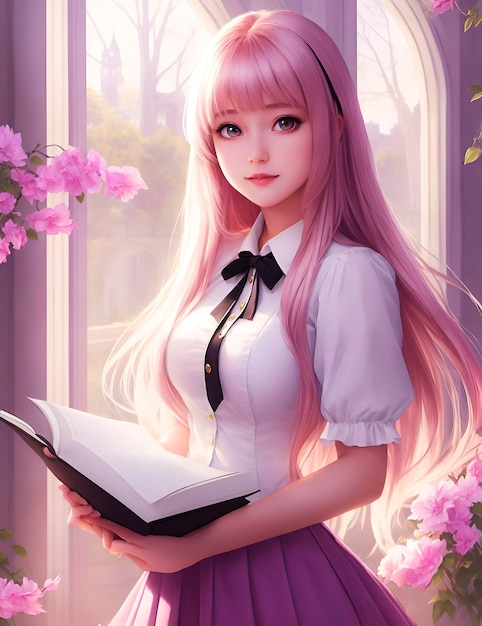 Une fille aux cheveux roses et un livre dans les mains