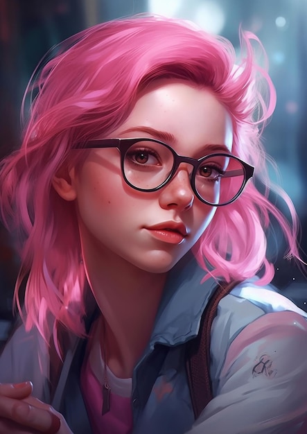 Une fille aux cheveux roses et des lunettes qui disent "je suis une fille"