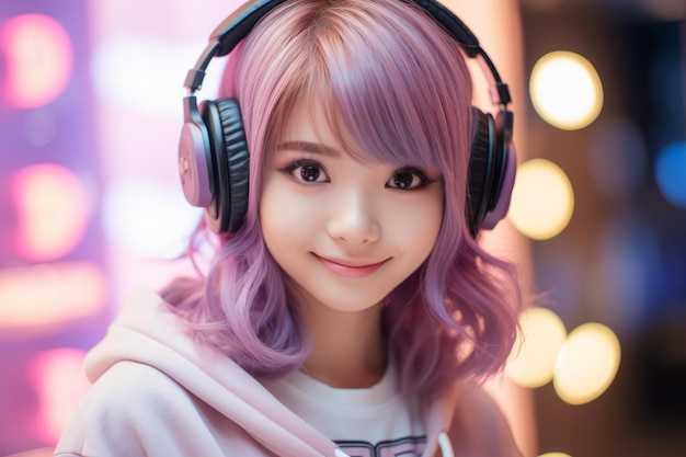 une fille aux cheveux roses portant des écouteurs