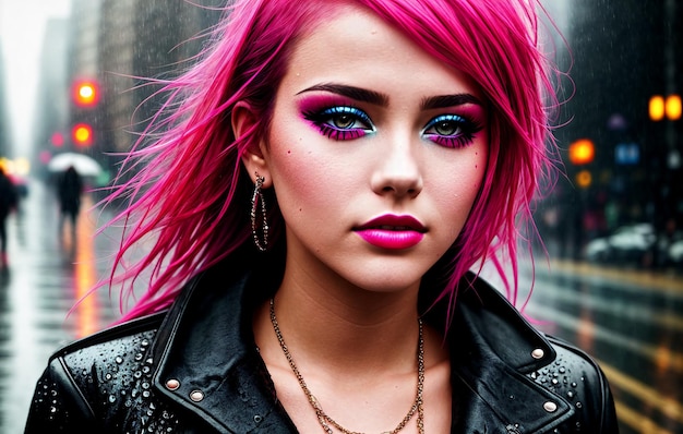 Photo une fille aux cheveux roses et une veste en cuir noire