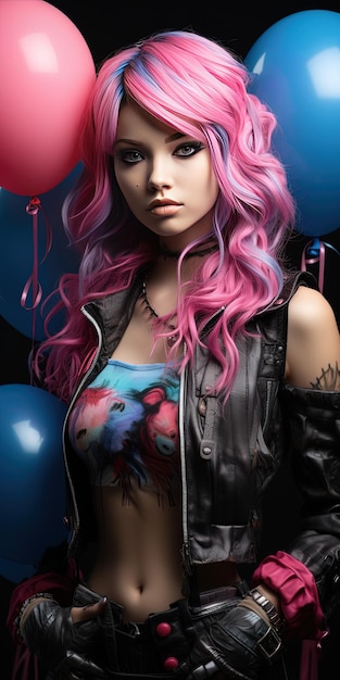 une fille aux cheveux roses et une veste noire avec des ballons roses et violets