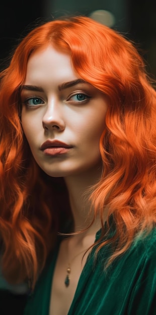 Une fille aux cheveux rouge vif regarde la caméra.