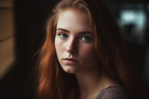 Une fille aux cheveux roux et aux yeux bleus regarde la caméra.