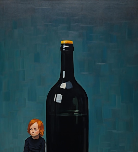 Une fille aux cheveux roux avec une bouteille de vin sur un fond sombre